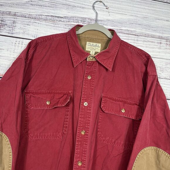 CABELAS Shirt Mens XL Twill Button Up Work Shooting Elbow Patch Cotton Chore Red - Picture 2 of 12